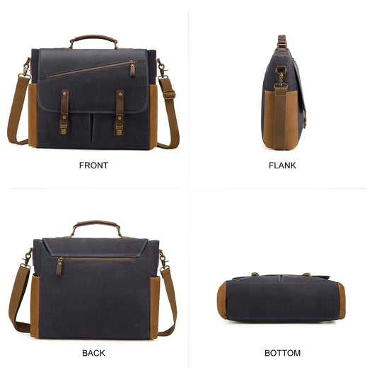HKM-615187 Vintage Leather 15.6 Inch Laptop Satchel Bag with Waterproof Canvas for Work and School