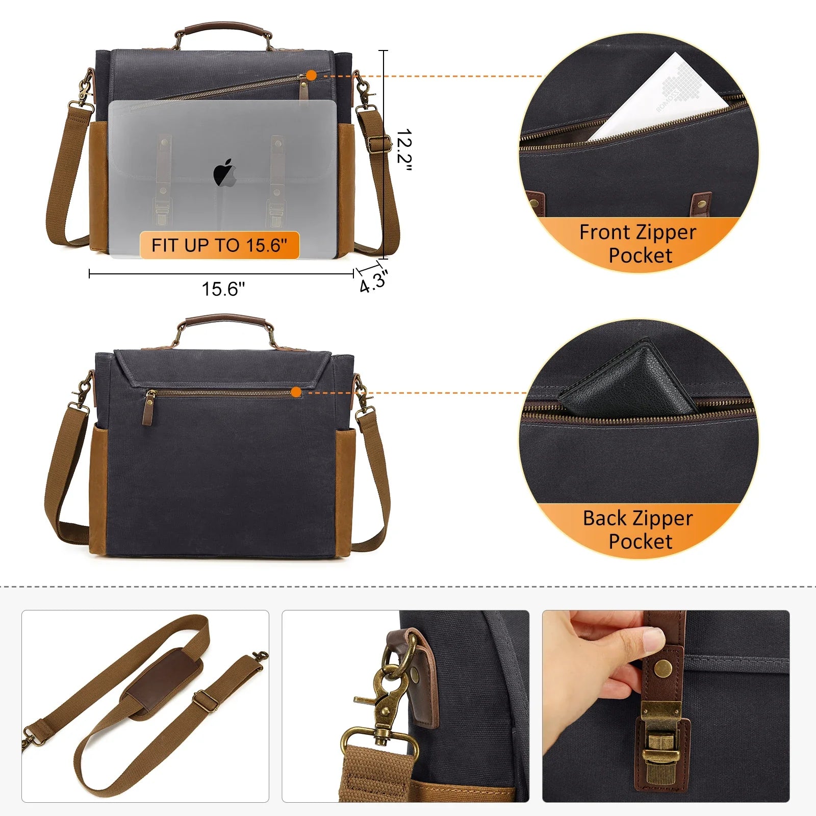 HKM-615187 Vintage Leather 15.6 Inch Laptop Satchel Bag with Waterproof Canvas for Work and School