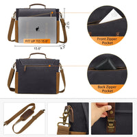 HKM-615187 Vintage Leather 15.6 Inch Laptop Satchel Bag with Waterproof Canvas for Work and School