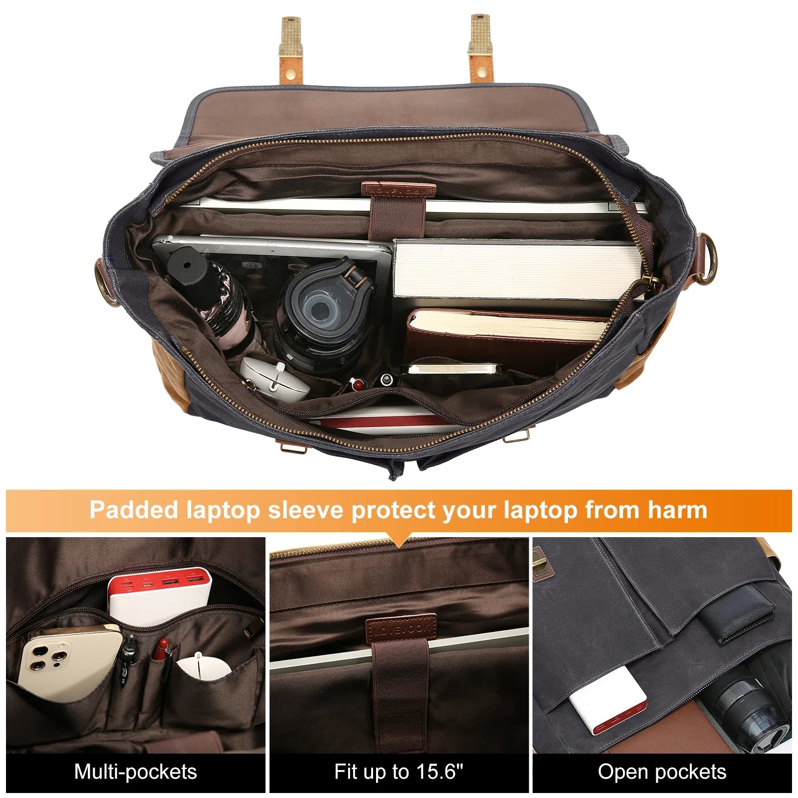 HKM-615187 Vintage Leather 15.6 Inch Laptop Satchel Bag with Waterproof Canvas for Work and School