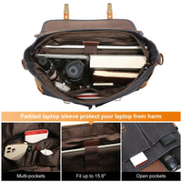 HKM-615187 Vintage Leather 15.6 Inch Laptop Satchel Bag with Waterproof Canvas for Work and School