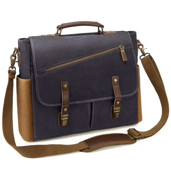 HKM-615187 Vintage Leather 15.6 Inch Laptop Satchel Bag with Waterproof Canvas for Work and School
