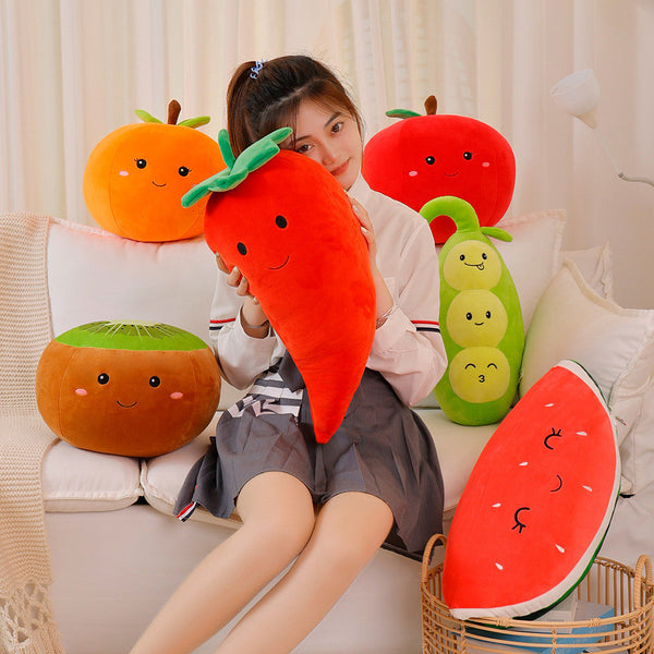 HKM-616595 Cartoon Fruit Plush Pillow Toy for Kids - Orange, Apple, Kiwi, Watermelon, Pepper, Peas Options