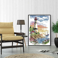 HKM-616787 Lighthouse Landscape Cross Stitch Kit - Cotton Fabric, 27x39 cm, 11 CT, Eco-Friendly Threads