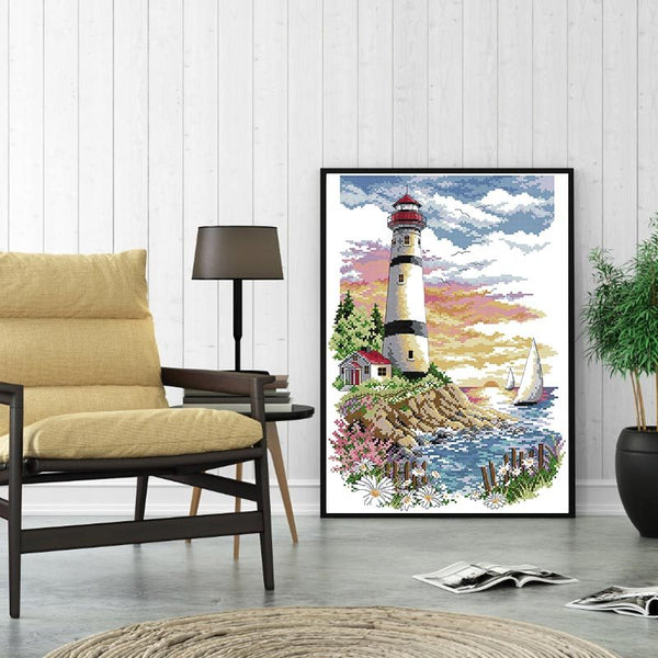 HKM-616787 Lighthouse Landscape Cross Stitch Kit - Cotton Fabric, 27x39 cm, 11 CT, Eco-Friendly Threads