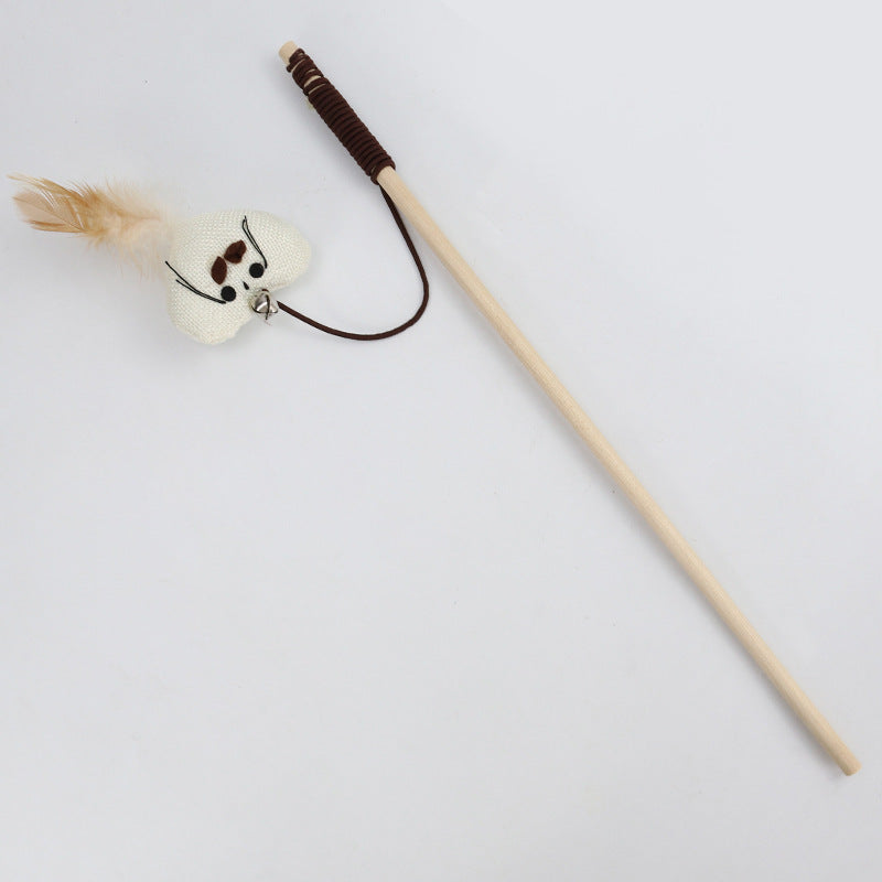 HKM-6171965 Cat Pole Toy with Feather and Bell, 40cm Wooden Teaser for Playtime Fun