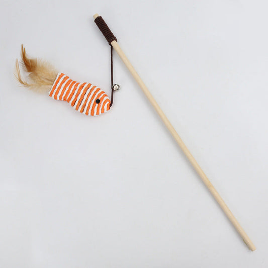 HKM-6171965 Cat Pole Toy with Feather and Bell, 40cm Wooden Teaser for Playtime Fun