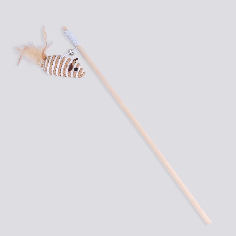HKM-6171965 Cat Pole Toy with Feather and Bell, 40cm Wooden Teaser for Playtime Fun