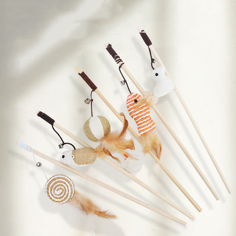 HKM-6171965 Cat Pole Toy with Feather and Bell, 40cm Wooden Teaser for Playtime Fun