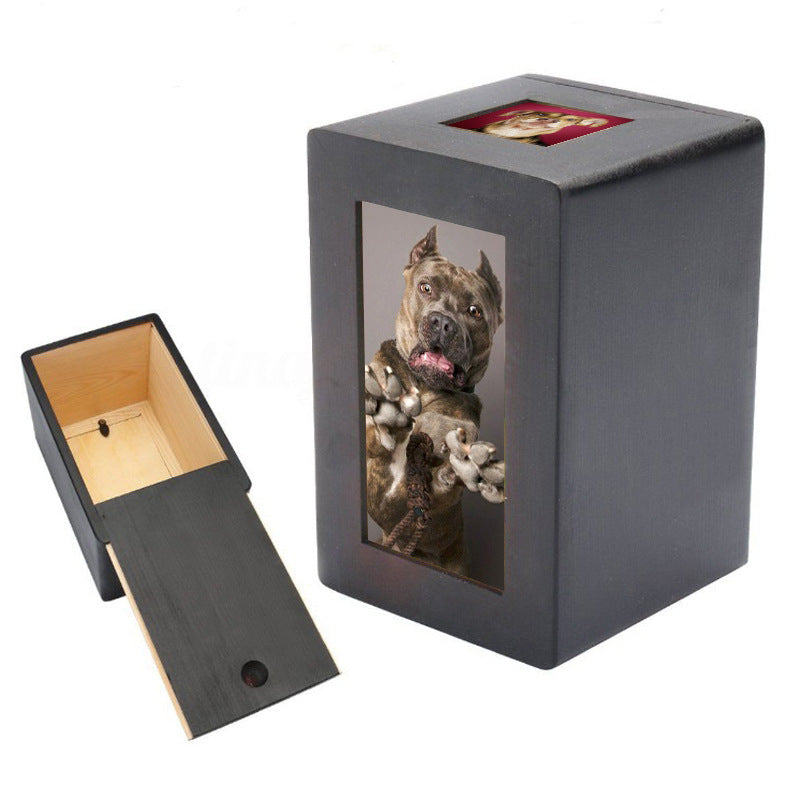 HKM-6172605 Cat Memorial Wooden Urn Box in Black - Natural Wood Pet Keepsake