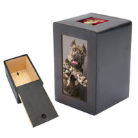 HKM-6172605 Cat Memorial Wooden Urn Box in Black - Natural Wood Pet Keepsake