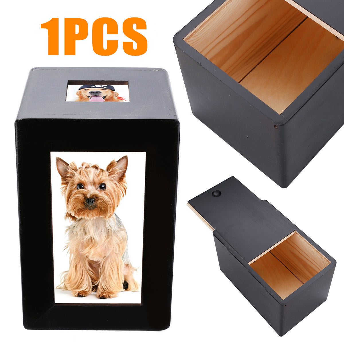 HKM-6172605 Cat Memorial Wooden Urn Box in Black - Natural Wood Pet Keepsake
