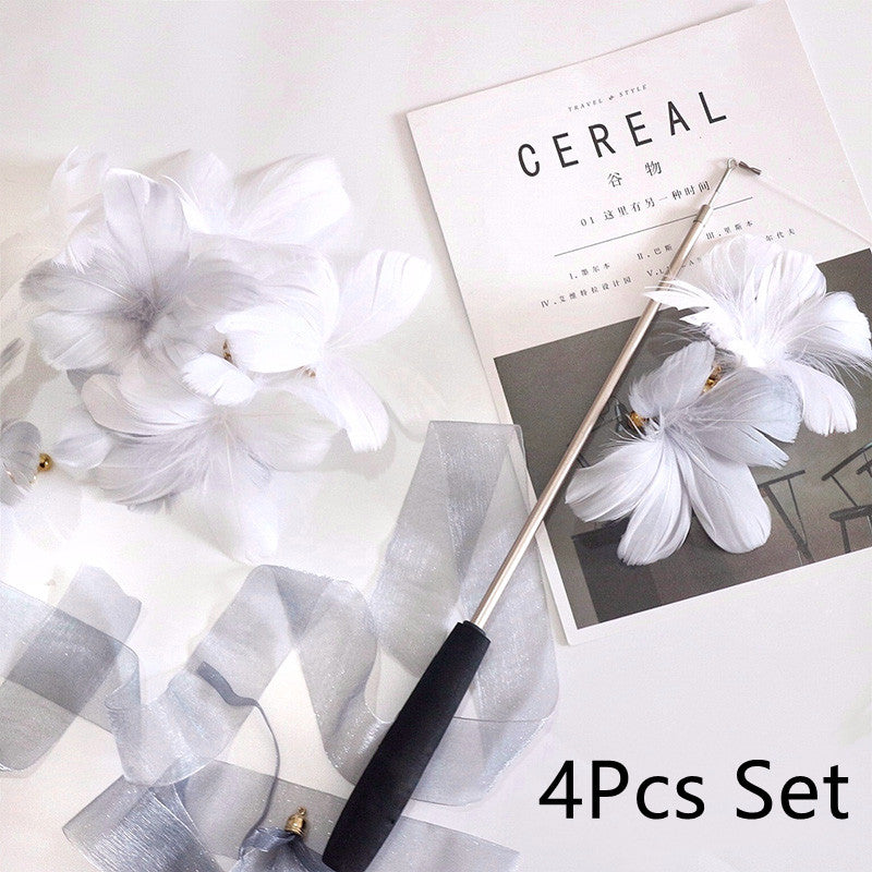 HKM-6177725 Telescopic Rod with Ribbon and Flower Replacement Head - White & Grey Blossoms Set