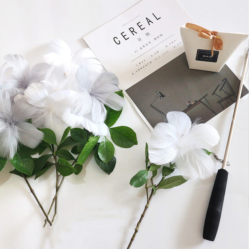 HKM-6177725 Telescopic Rod with Ribbon and Flower Replacement Head - White & Grey Blossoms Set