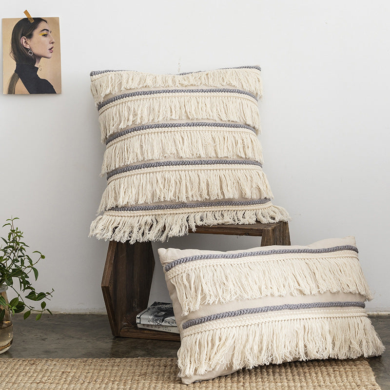 HKM-618323 Nordic Cotton Hemp Tassel Throw Pillow Cover - Square 45x45cm & Rectangular 50x30cm