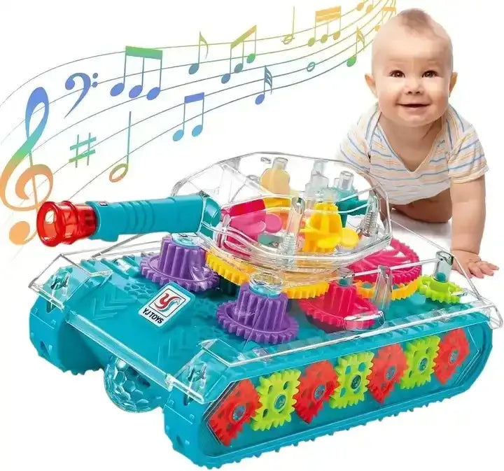 HKM-618899 Transparent Gear Tank Electric Toy with Colorful Lights and Music for Kids Ages 2-13