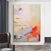 HKM-619027 Handmade Coral Red, White, and Yellow Abstract Oil Painting on Canvas for Modern Home Decor - Unframed, Various Sizes Available