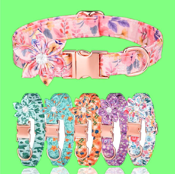 HKM-6190397 Detachable Hexapetalous Flowers Dog Collar - Soft Cotton, Adjustable Sizes in Orange, Blue, and Gray