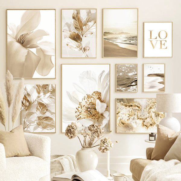 HKM-619091 Canvas Wall Art - Nordic Modern Design with Gold Foil Beach Theme, Oil on Canvas, 0.5cm White Border