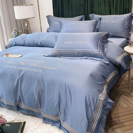 HKM-619091 Embroidered Tencel Quilt Cover Set in European Washed Cotton - 4-Piece Scandinavian Floral Design