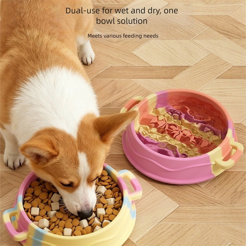 HKM-6192189 Slow Feed Silicone Dog Bowl with Double-Ear Handles and Maze Design for Healthy Eating