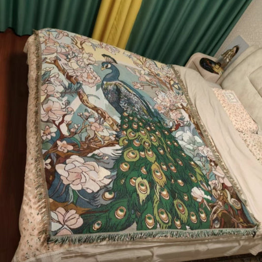 HKM-6195005 Nordic Style Leisure Blanket in Blue Peacock and Green Peacock ¨C Soft Polyester, Multiple Sizes Available
