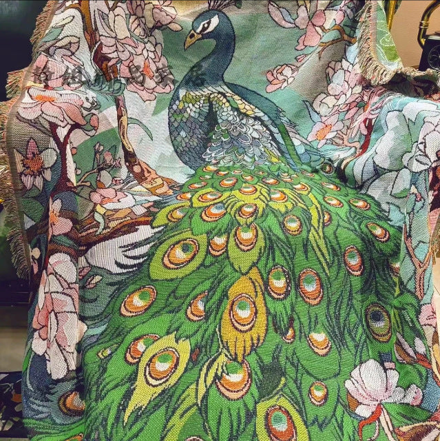 HKM-6195005 Nordic Style Leisure Blanket in Blue Peacock and Green Peacock ¨C Soft Polyester, Multiple Sizes Available