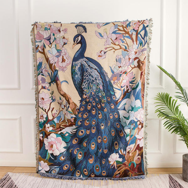 HKM-6195005 Nordic Style Leisure Blanket in Blue Peacock and Green Peacock ¨C Soft Polyester, Multiple Sizes Available