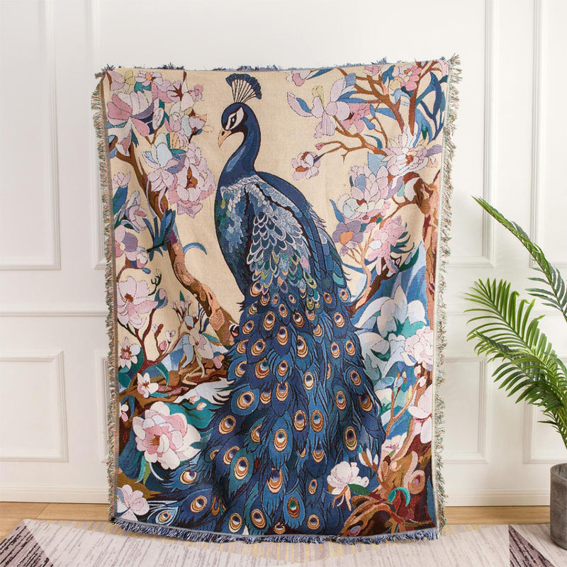 HKM-6195005 Nordic Style Leisure Blanket in Blue Peacock and Green Peacock ¨C Soft Polyester, Multiple Sizes Available