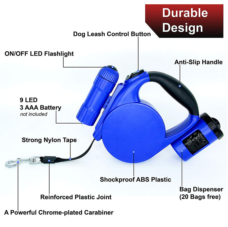 HKM-6197949 Retractable 4.5m Dog Leash with LED Light and Waste Bag Dispenser