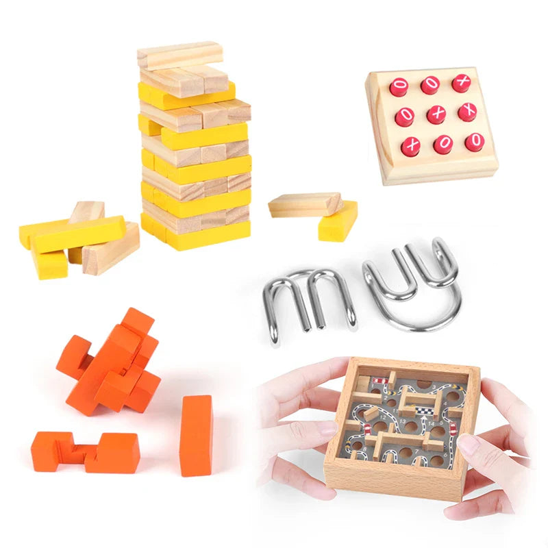 HKM-620371 5-in-1 Wooden Block Puzzle Set with Metal Ring Brain Teaser for Kids