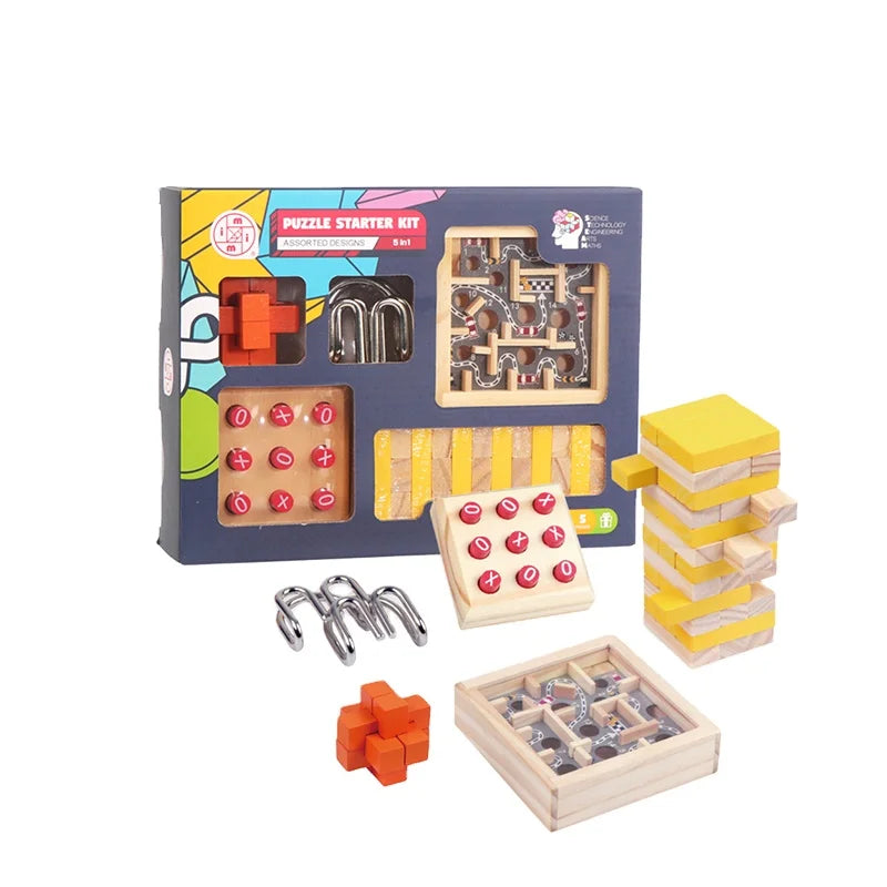 HKM-620371 5-in-1 Wooden Block Puzzle Set with Metal Ring Brain Teaser for Kids