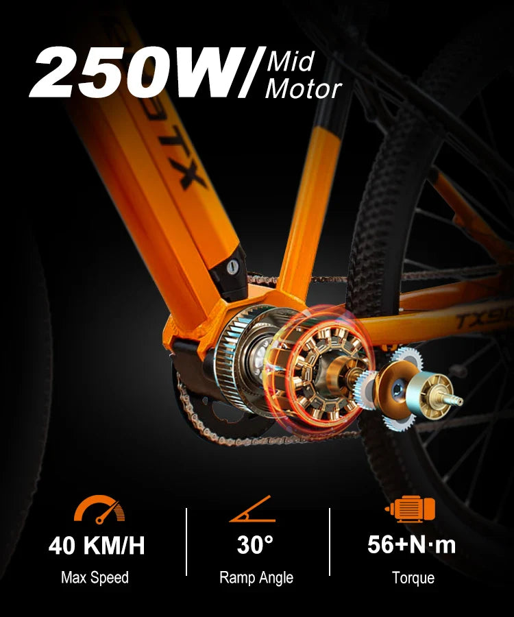 HKM-620563 Aluminum Alloy 29" Mid Motor Electric Bike with 7-Speed Gears and Hydraulic Disc Brakes