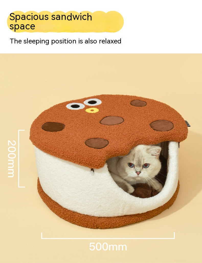 HKM-6213693 Multifunctional Semi-closed Cat Nest in Sandwich Biscuit Shape - Soft Teddy Plush with Sponge Filling