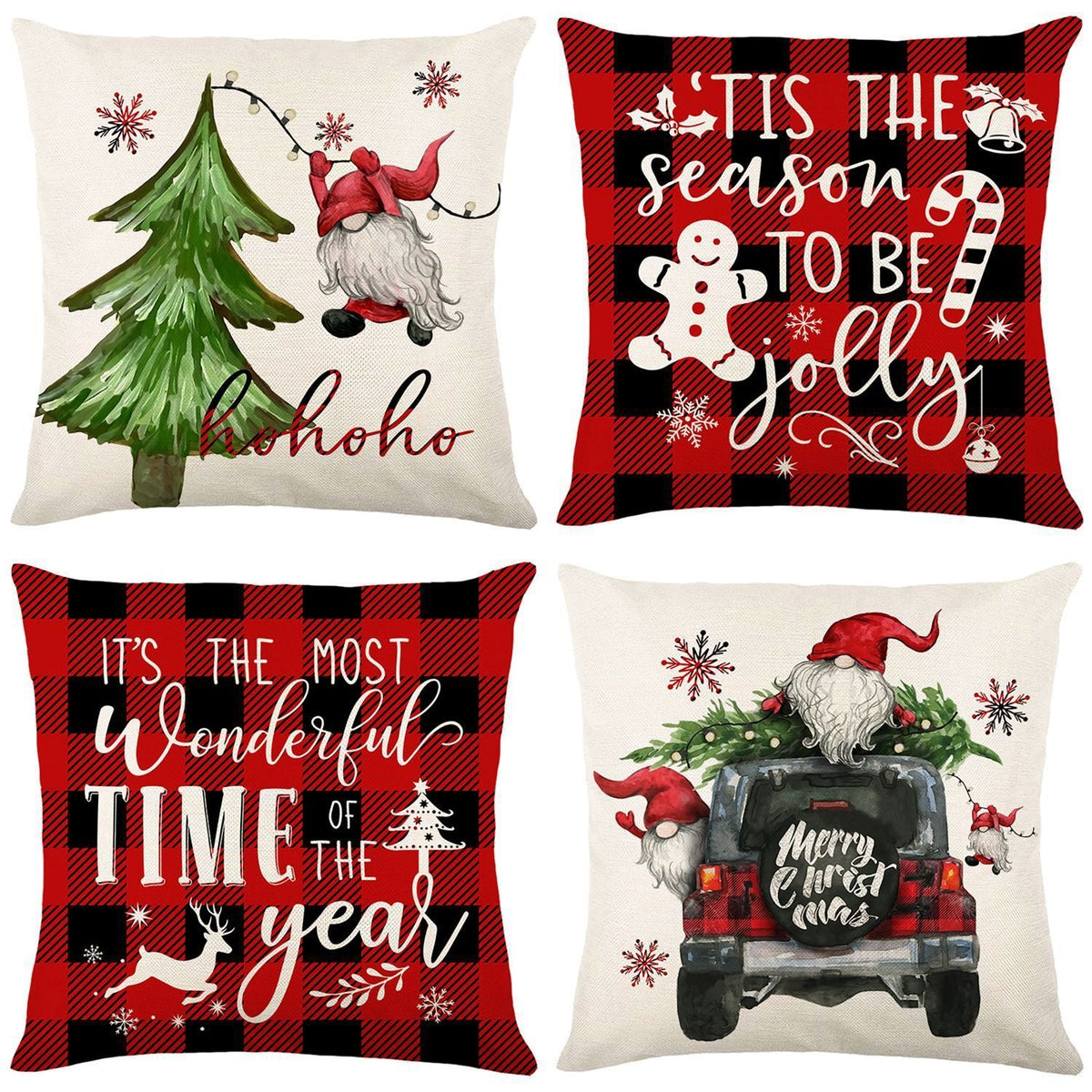 HKM-621459 Christmas Red and Black Plaid Linen Throw Pillow Cover - 45x45cm Polyester Design with Snowflakes and Cartoon Patterns