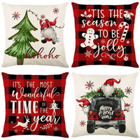 HKM-621459 Christmas Red and Black Plaid Linen Throw Pillow Cover - 45x45cm Polyester Design with Snowflakes and Cartoon Patterns