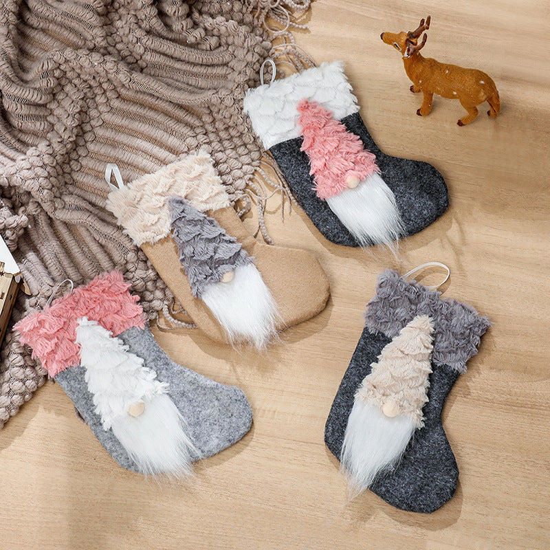 HKM-621523 Festive Flannel Santa Stocking Christmas Ornament Gift Bag - 14x23cm