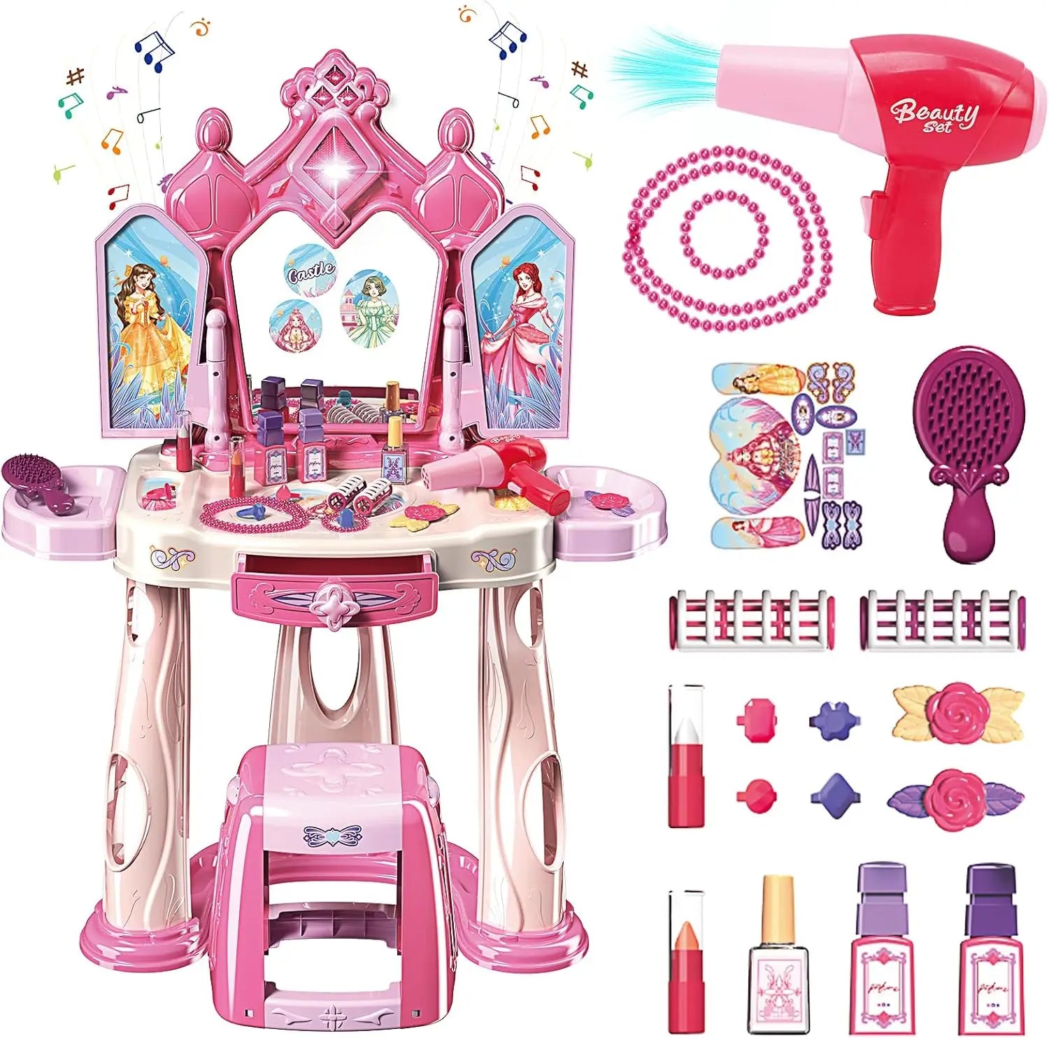 HKM-621907 Pretend Play Makeup Table Set for Girls with Lights, Music, and Openable Doors - Includes Stool