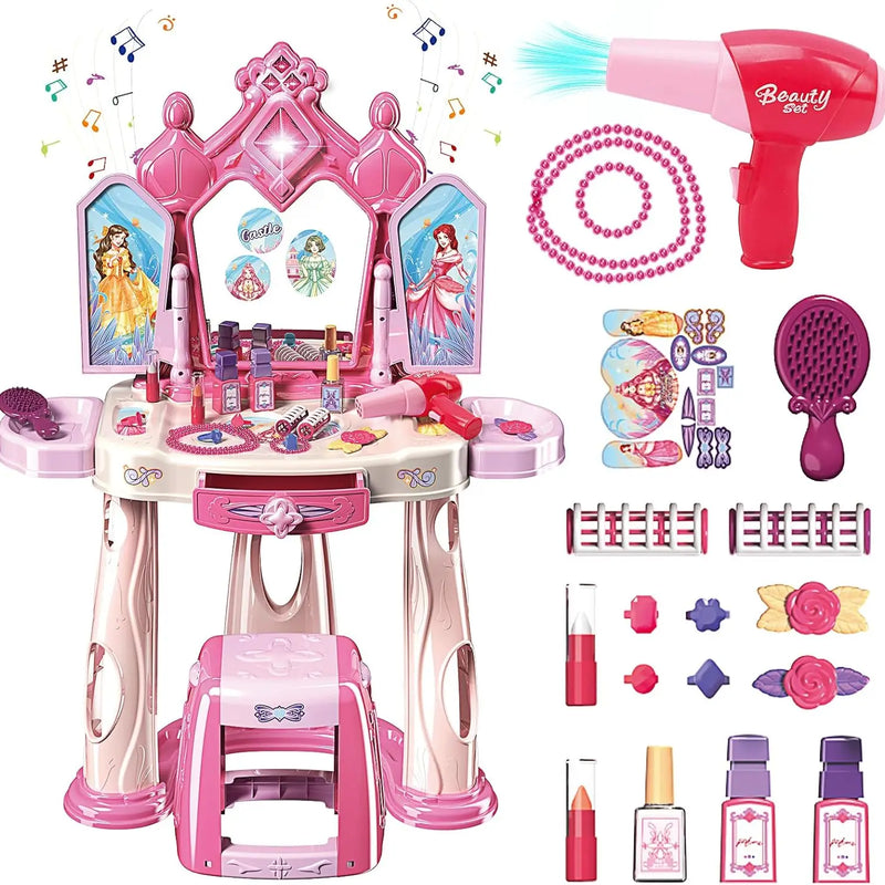 HKM-621907 Pretend Play Makeup Table Set for Girls with Lights, Music, and Openable Doors - Includes Stool