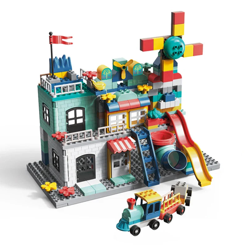 HKM-621971 Building Block Set with Changeable Windmill and Train Track for Amusement Park Fun - 245 Pieces