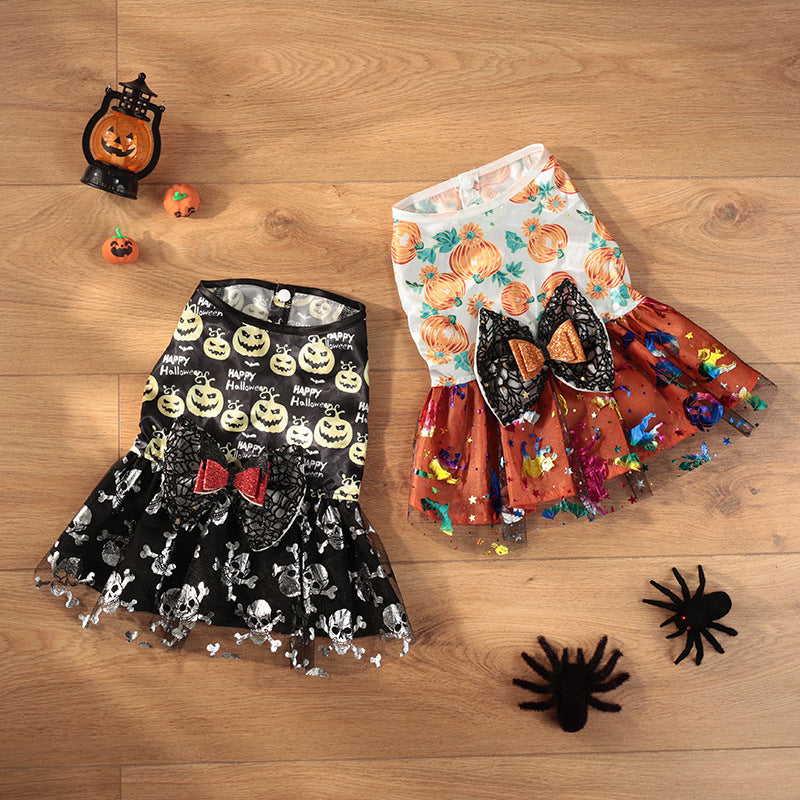 HKM-6221757 Halloween Themed Mesh Bow Pet Skirt in Orange and Black ¨C Sizes S to XL