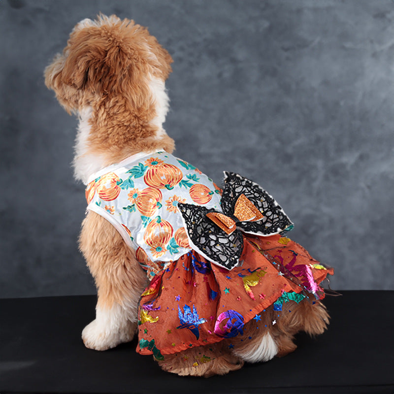 HKM-6221757 Halloween Themed Mesh Bow Pet Skirt in Orange and Black ¨C Sizes S to XL