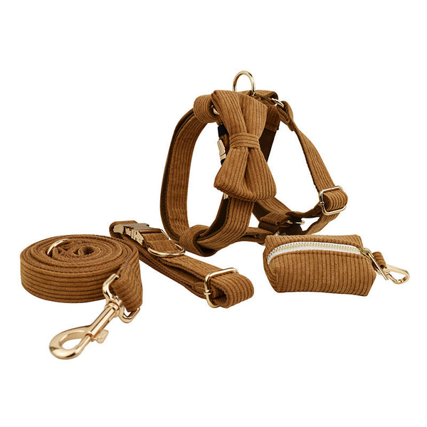 HKM-6223421 Caramel Corduroy 5-Piece Pet Collar Set with Bow, Vest, and Poop Bag