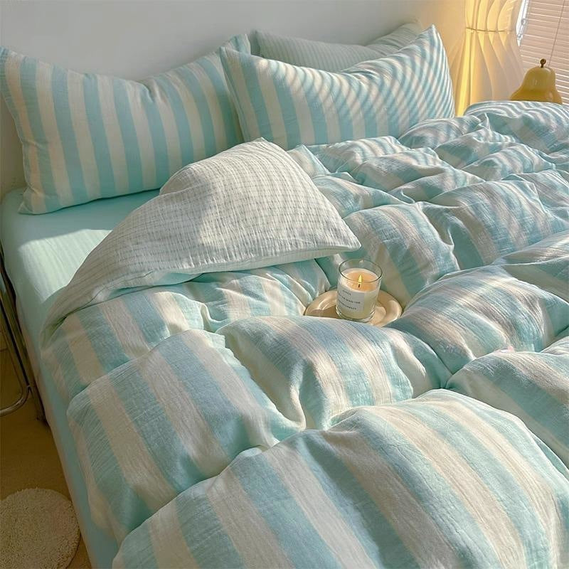 HKM-622547 Simple Striped Pure Cotton Bed Sheet Set with Pillowcases - Modern Twill Weave, 60 Thread Count