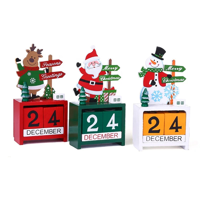 HKM-622675 Wooden Christmas Countdown Calendar with Santa Claus, Snowman, and Elk Decorations