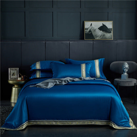 HKM-623315 Washed Silk Satin Striped Four-Piece Sheet Set in Temperament Gray, Green Lake, and Noble Blue
