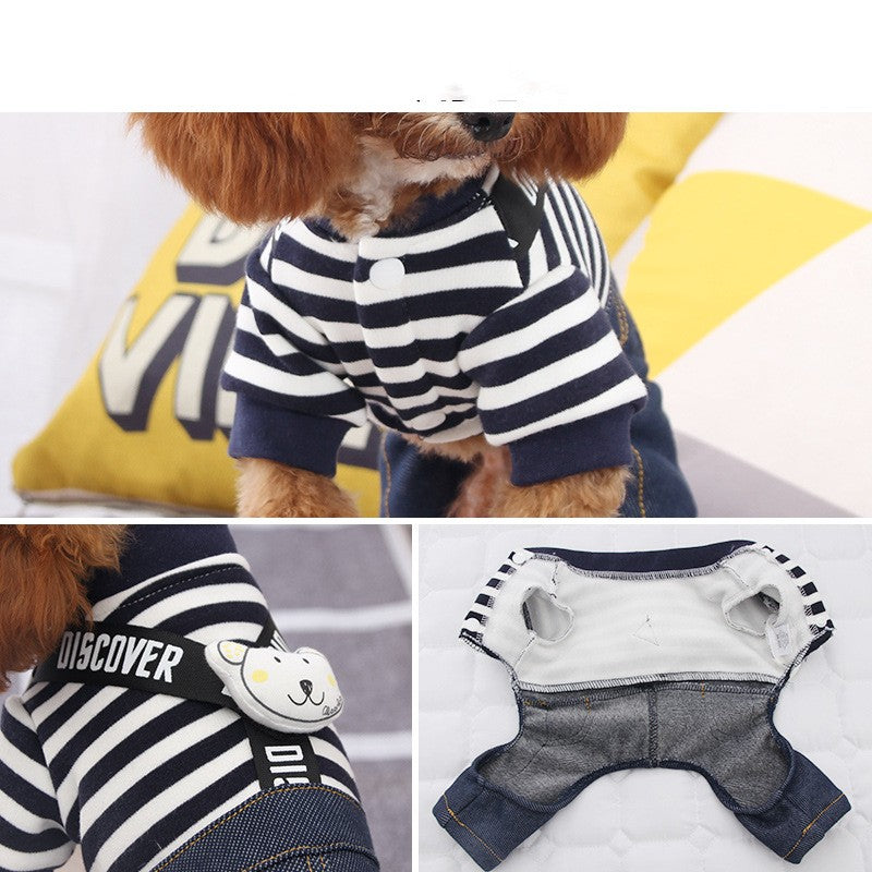 HKM-6233277 Striped Cotton Suspenders for Small Dogs in Navy Blue & White or Gray & White