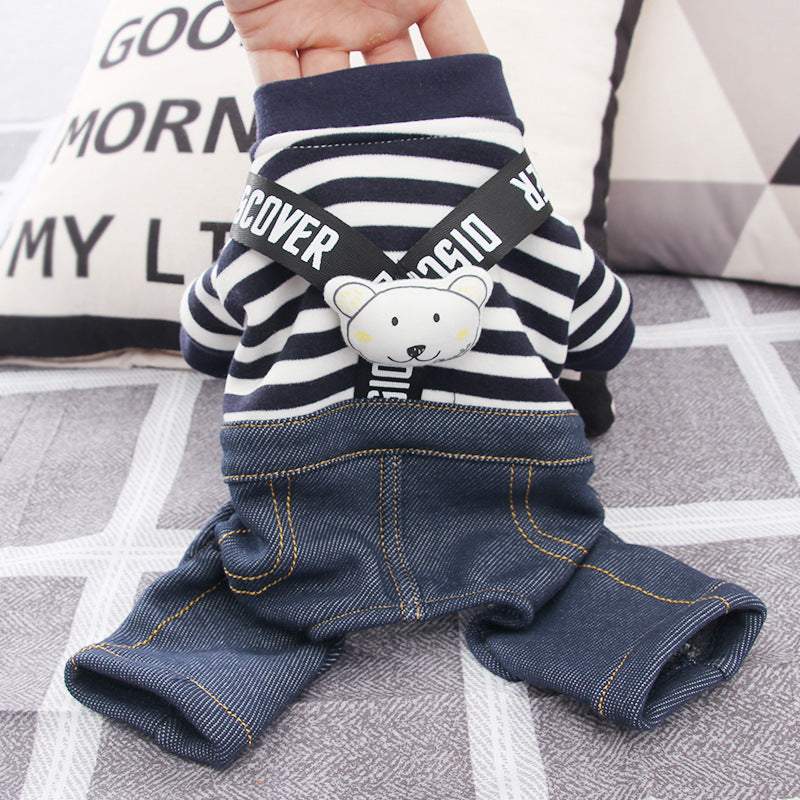 HKM-6233277 Striped Cotton Suspenders for Small Dogs in Navy Blue & White or Gray & White