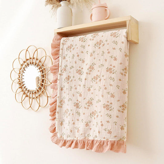 HKM-623379 Soft Cotton Gauze Baby Blanket - Multi-layer Ruffled Quilt in White and Pink