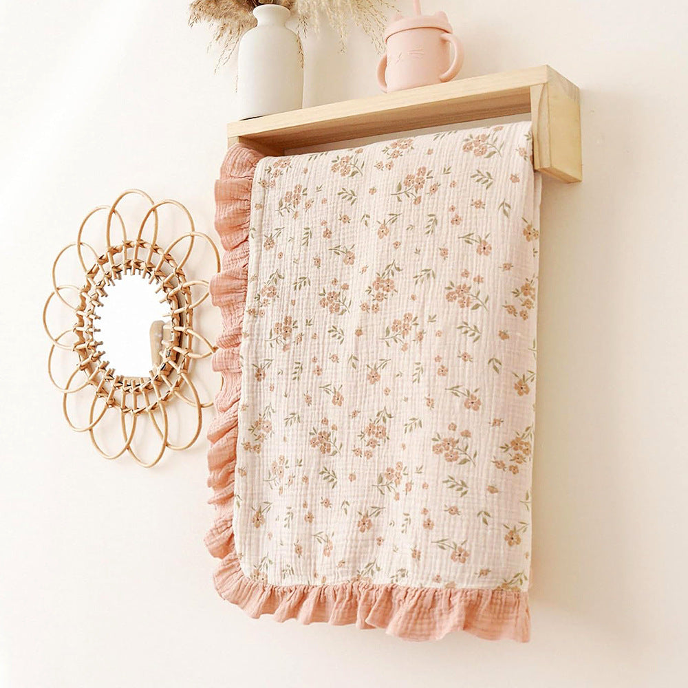 HKM-623379 Soft Cotton Gauze Baby Blanket - Multi-layer Ruffled Quilt in White and Pink